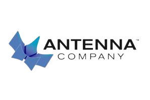 Logo of Antenna Company featuring stylized blue shapes forming a partial geometric butterfly on the left and the company name in bold black letters on the right.
