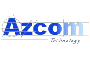 Azcom Technology logo with blue lettering and geometric design elements.