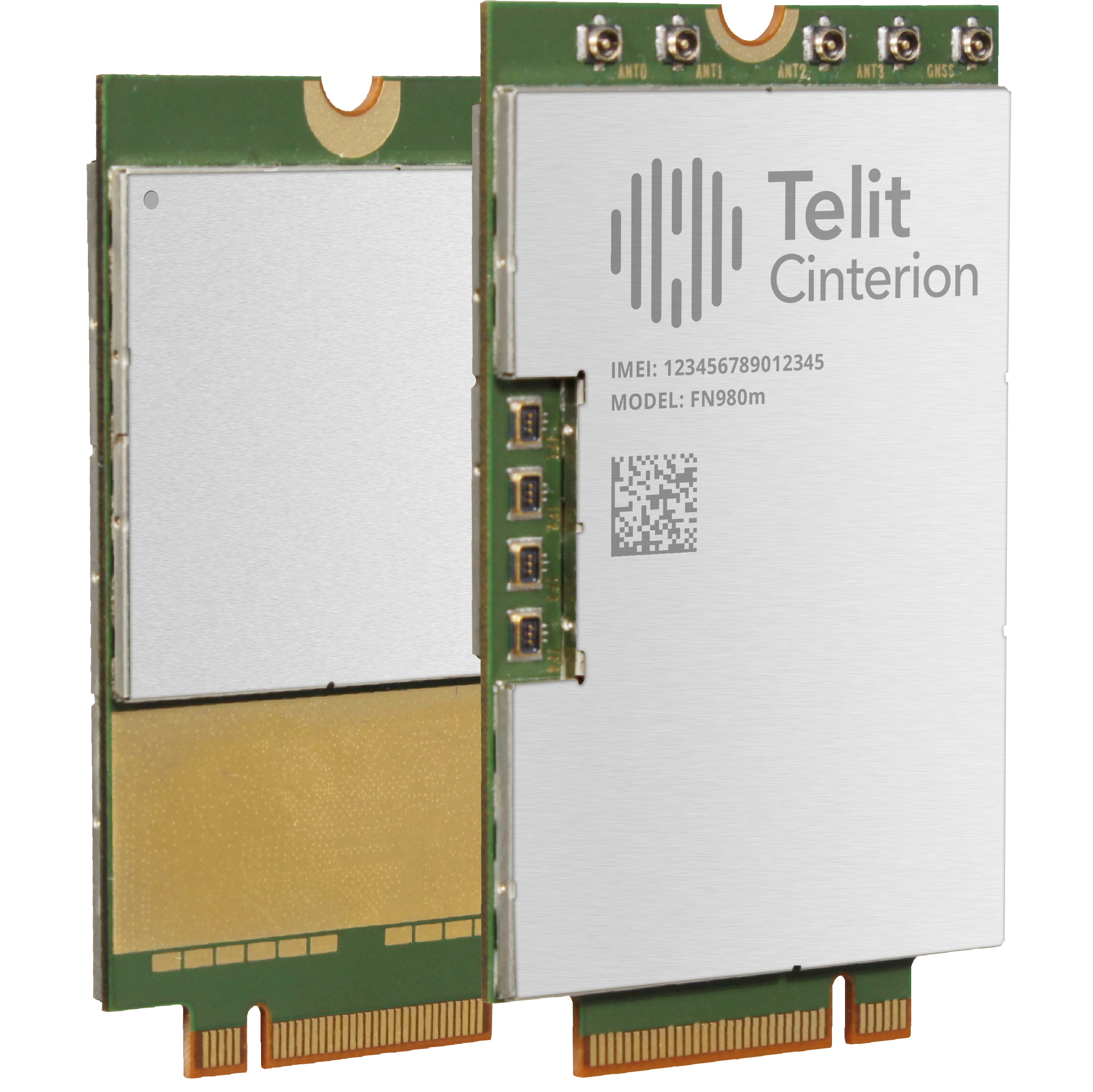 The front and back of a Telit Cinterion module on a white background.