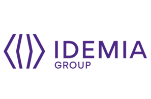 The IDEMIA Group logo features a geometric design with three angled lines on each side and the words "IDEMIA GROUP" in purple text.