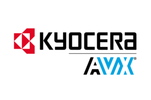 Kyocera AVX logo with a red geometric design and black text for "Kyocera" above blue stylized text for "AVX" on a white background.