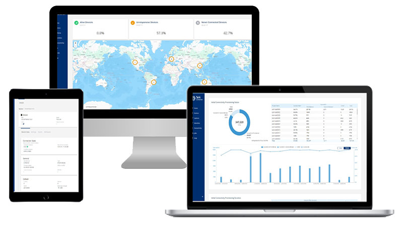 A laptop, tablet and phone with a map on it, showcasing IoT connectivity solutions.