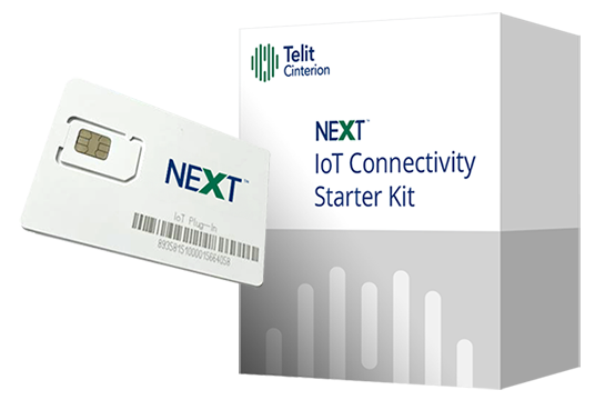 An IoT connectivity starter kit box with a NEXT SIM card in front.