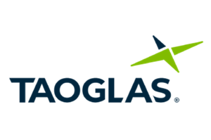 Logo of Taoglas, featuring the company name in bold blue letters with a green and blue stylized graphic above and to the right of the text.