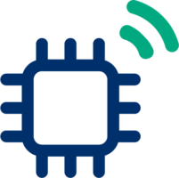 An eSIM icon in blue with signal waves in green emanating from its top right corner.