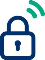 A blue padlock icon with a keyhole, accompanied by green Wi-Fi signal arc lines above it.