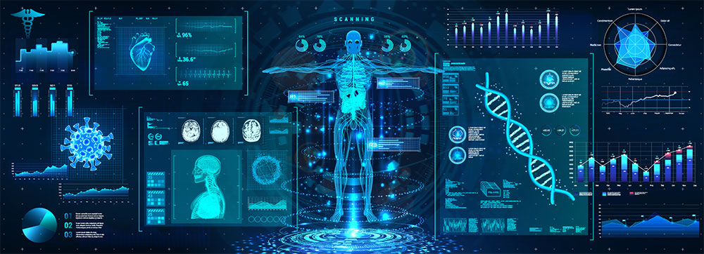 A digital interface displays holographic anatomy, DNA, brain scans, and various charts, showcasing medtech innovations and futuristic medical technology with data analysis.
