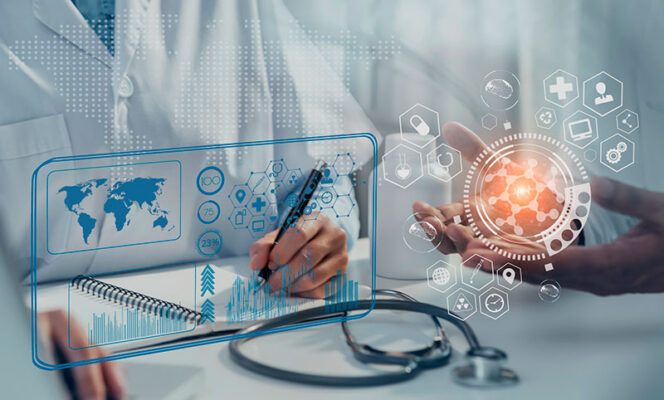 A medical professional writes in a notebook as a patient's hands reach out palms up across from them. Data and medical icons overlaid, reflecting medtech advancements and the evolving RTM device reimbursement landscape.