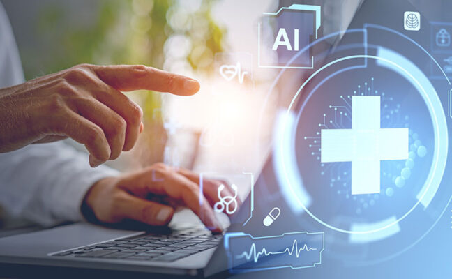 A person points at a laptop screen with health care icons, an AI folder and medtech innovations, emphasizing RTM device reimbursement opportunities.
