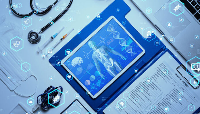 A tablet showcasing digital human anatomy sits on a desk alongside a stethoscope, syringe, mask and medical documents, all enveloped by digital health icons. 