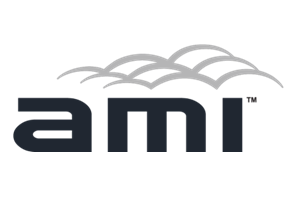 The image shows a logo with the text "ami" in bold black letters, accompanied by a design of overlapping arches in grey above the text.