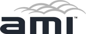 AMI logo featuring stylized overlapping cloud shapes in gray above the lowercase letters "AMI" in dark blue.