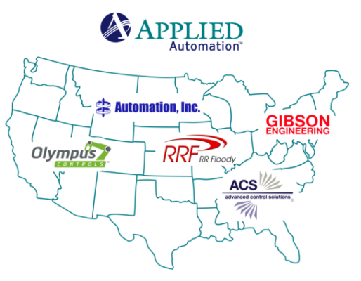 A map of the United States highlighting various automation companies including Applied Automation, Automation, Inc., Gibson Engineering, Olympus Controls, RR Floody, and ACS.