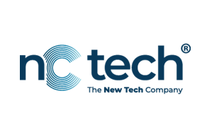Logo of nc tech, displaying the text "nc tech" with the tagline "The New Tech Company" beneath it. The letter "C" has concentric circles within it.