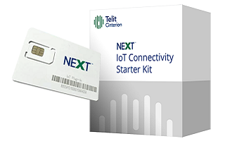 NEXT IoT Connectivity Starter Kit box with a Telit Cinterion logo and a NEXT-brand SIM card.