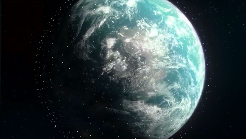 Image of Earth, surrounded by small white dots in space.