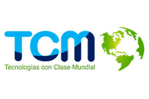 Logo with blue-green "TCM" next to a green globe. Text below reads "Tecnologías con Clase Mundial!" in green.