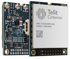 A Telit Cinterion communication module with circuit board visible, labeled with model CMB10000 and IMEI number.