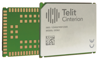 Two sides of a Telit Cinterion module showing the green printed circuit board and the metal casing with an IMEI, model number EXS62, and a QR code.