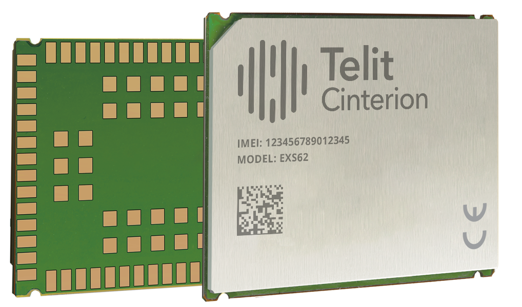 Two sides of a Telit Cinterion module showing the green printed circuit board and the metal casing with an IMEI, model number EXS62, and a QR code.