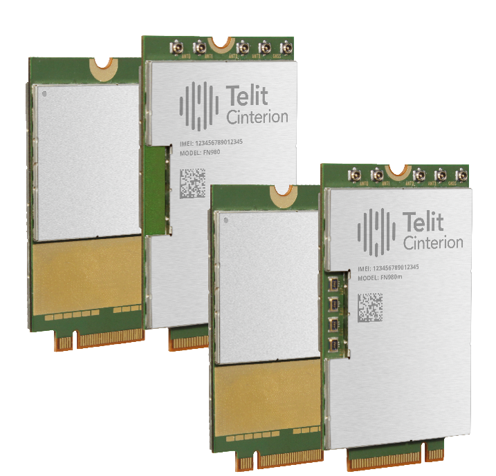 Three Telit Cinterion PCI express modules are displayed in a staggered formation against a white background.