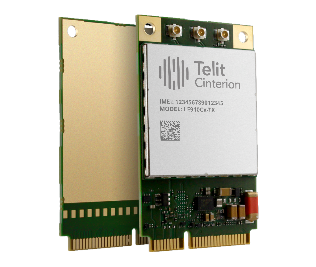 Two Telit Cinterion electronic components are shown, one facing forward displaying IMEI 123456789012345 and model number LE910Cx-TX, while the other is facing backward showing the circuit board.