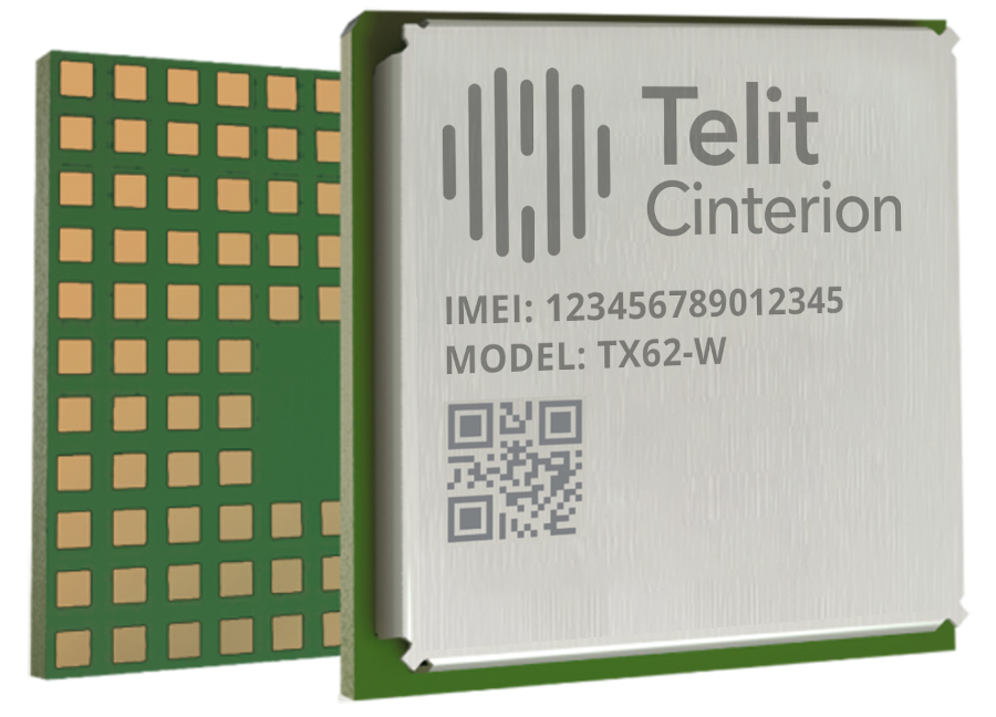 A close-up of a Telit Cinterion module with IMEI 123456789012345 and model TX62-W, shown alongside its circuit board connector pads.