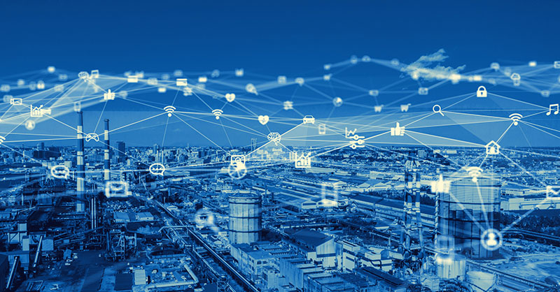 A cityscape with an overlay of digital icons representing technology and connectivity, seamlessly integrating private networks among clouds, graphs and social media symbols.