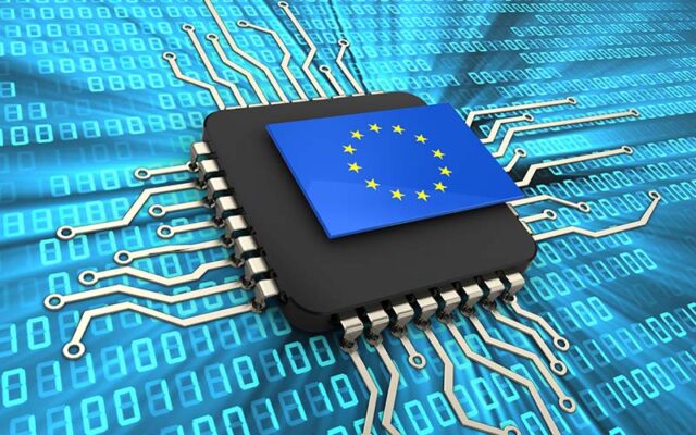 A computer chip adorned with the European Union flag sits amid a digital binary background.
