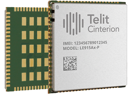 A Telit Cinterion chip labeled with IMEI: 123456789012345 and Model: LE915Ax-P, showcasing its front and back sides.