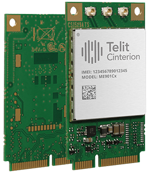 Two green circuit boards with a silver module labeled "Telit Cinterion" and displaying model information.