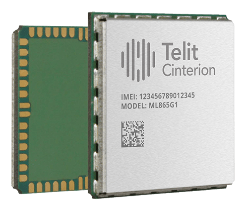 Square electronic component labeled "Telit Cinterion," showing an IMEI number and model "ML865G1," with a QR code on its surface. Another similar component is partially visible behind it.