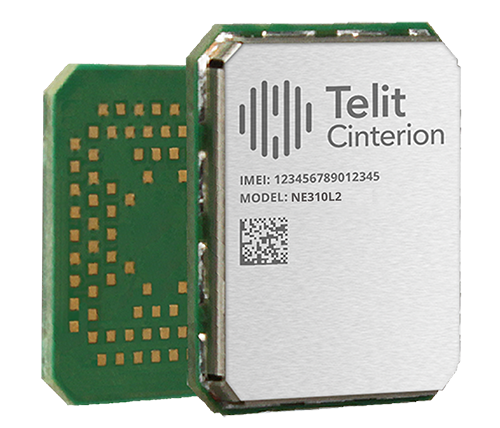 Electronic circuit board with a metal case labeled "Telit Cinterion" with an exposed contact area. Model NE310L2 and IMEI visible, along with a QR code.