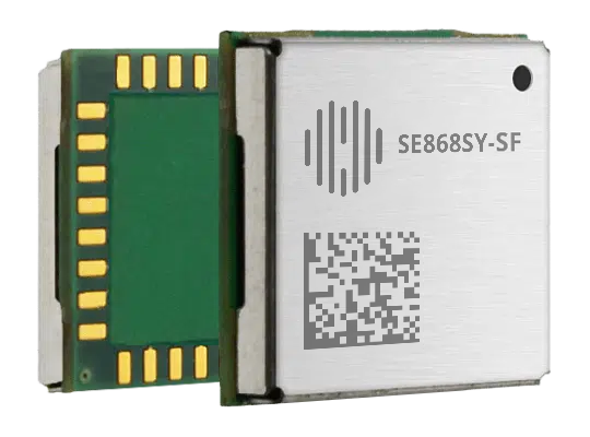 A small electronic module with a QR code, gold connectors, and labeled "SE868SY-SF.
