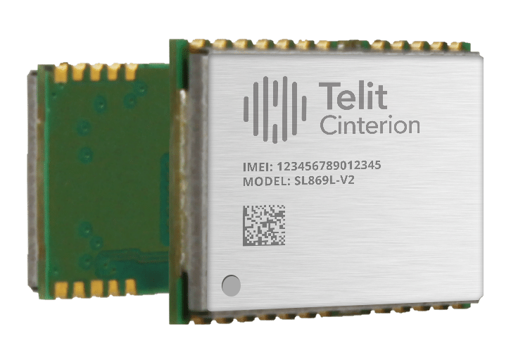Electronic chip labeled "Telit Cinterion," with model number SL869L-V2 and an IMEI number displayed.