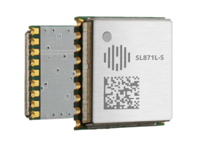 Close-up of an electronic module with a metallic casing, featuring a QR code and text "SL871L-S." The module has gold connectors on the side.
