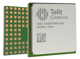 Image of a Telit Cinterion chip showing its circuit side and labeled side with IMEI 123456789012345 and model TN23.