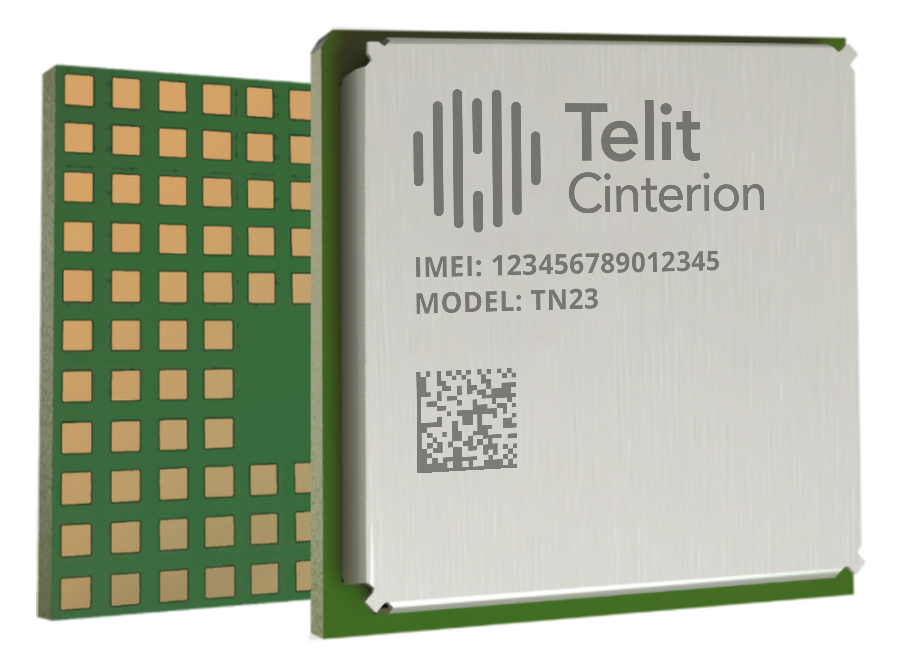 Image of a Telit Cinterion chip showing its circuit side and labeled side with IMEI 123456789012345 and model TN23.