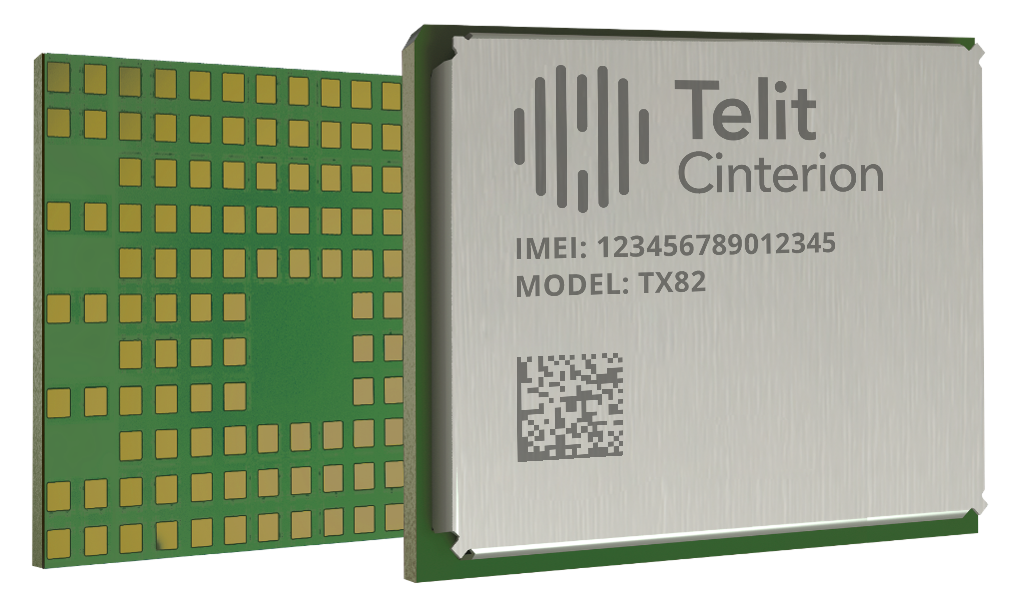 Electronic chip labeled "Telit Cinterion" with IMEI: 123456789012345 and Model: TX82, against a green circuit board background.