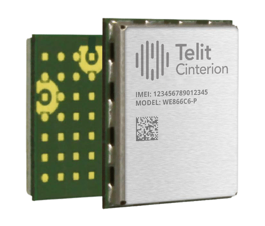 Close-up of a Telit Cinterion electronic component with visible IMEI, model number WE866C6-P, and a QR code on a metallic casing.