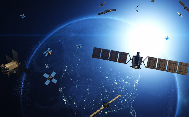 Satellites orbiting Earth against a backdrop of space.