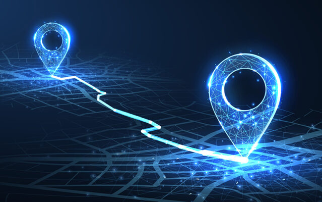 A digital map with glowing blue location pins and a path connects them, symbolizing the accuracy dead reckoning modules offer.
