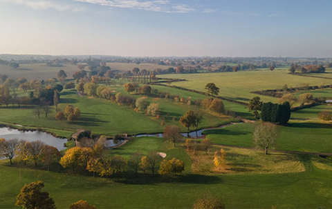 Aerial view of a green landscape with fields, trees, and a small river on a clear day.