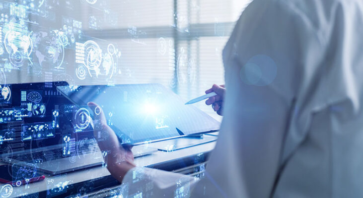 A person in a lab coat uses a digital tablet with a stylus, surrounded by holographic data and digital icons.