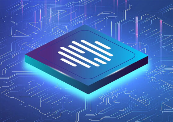 A stylized computer chip with the Telit Cinterion mark on its surface over a blue circuit board background.