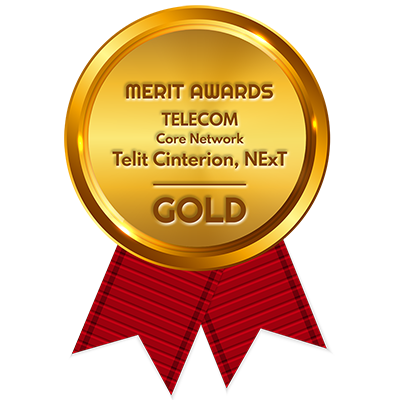 Gold merit award for Telit Cinterion's NExT, the IoT network leader in telecom core solutions, adorned with red ribbons.