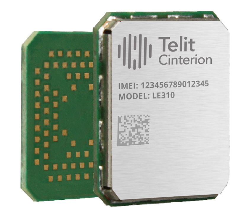 Electronic component labeled "Telit Cinterion" with IMEI 123456789012345 and model LE310, featuring a circuit board and QR code.
