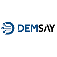 Logo featuring a stylized blue letter "D" with circuit elements on the left, followed by the word "DEMSAY" in blue and black.