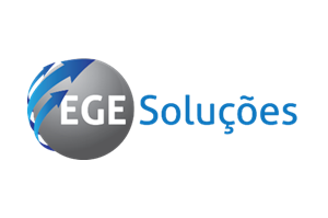 Logo of EGE Soluções featuring a gray sphere with blue and white arrows, and the text "EGE Soluções" in blue and gray.