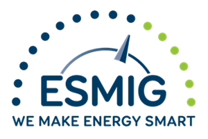 Logo of ESMIG with a semicircle of blue and green dots and a blue arrow. Text reads: “ESMIG We Make Energy Smart.”.
